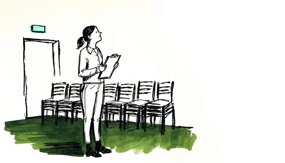 Ink drawing of a person with a clipboard looking round an empty hall.